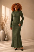 Low back plisse maxi dress with angel sleeves in soft khaki
