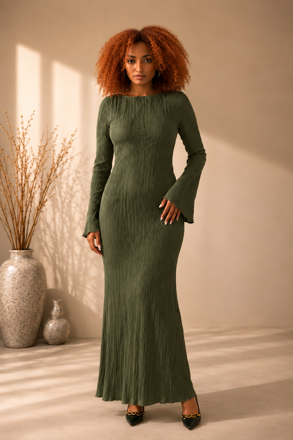 Low back plisse maxi dress with angel sleeves in soft khaki