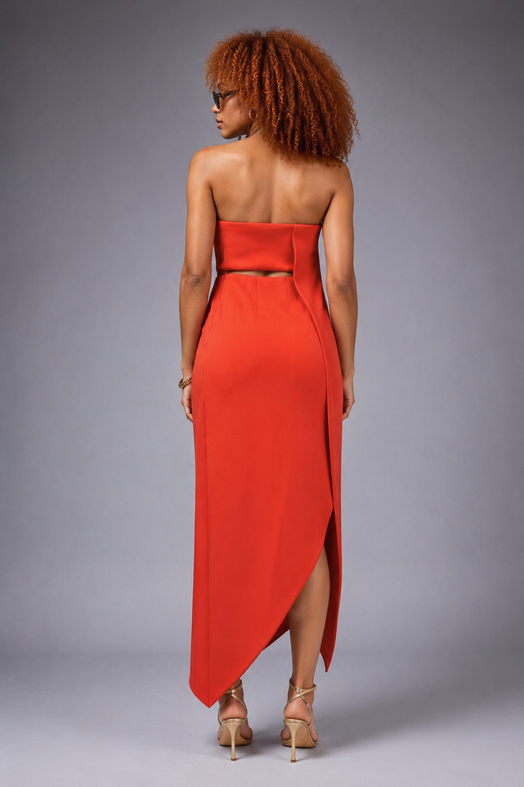 Red Strapless Asymmetric Draped Midi Dress