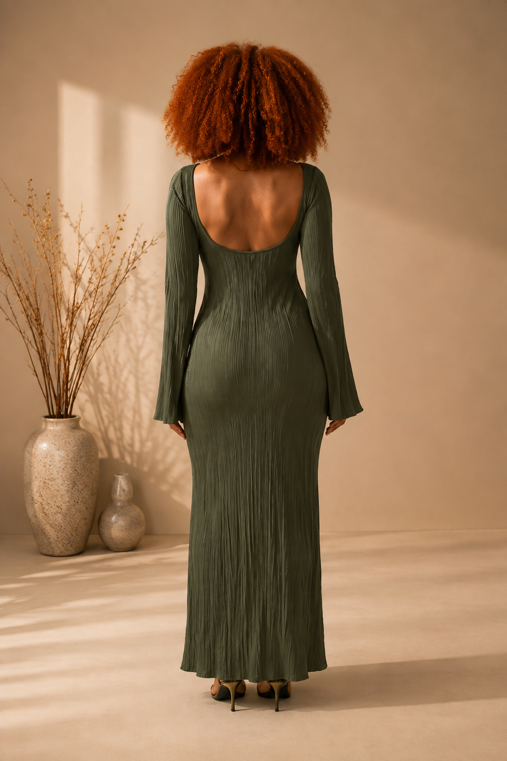 Low back plisse maxi dress with angel sleeves in soft khaki