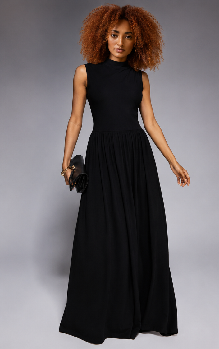 Sleeveless high neck gathered skirt maxi dress in black
